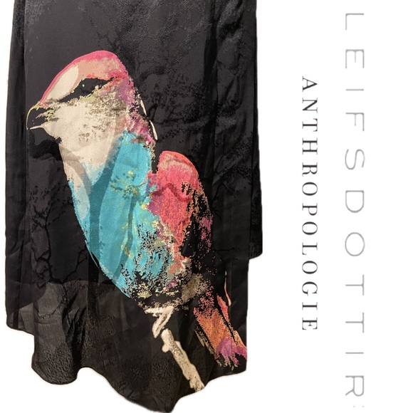 LEIFSDOTTIR Anthropologie Silk Watercolor Bird Asymmetrical Black Wrap Skirt - 2 - Picture 2 of 11